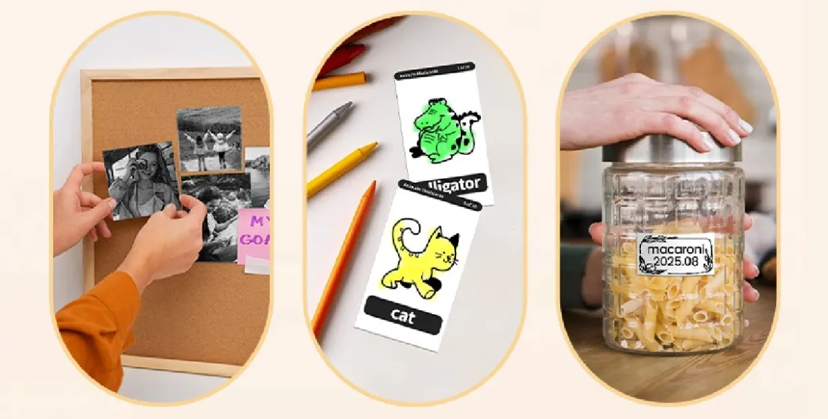 コルクボードに写真を飾る様子、ワニと猫のイラストが描かれた学習用フラッシュカード、そしてマカロニが入った保存容器が並べられた、日常生活の異なる3つのシーンを捉えた画像