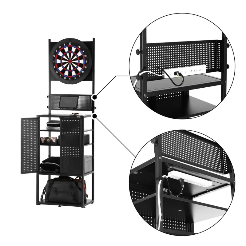 ダーツボードとデジタルスコア表示器が一体となった黒い多機能収納スタンド