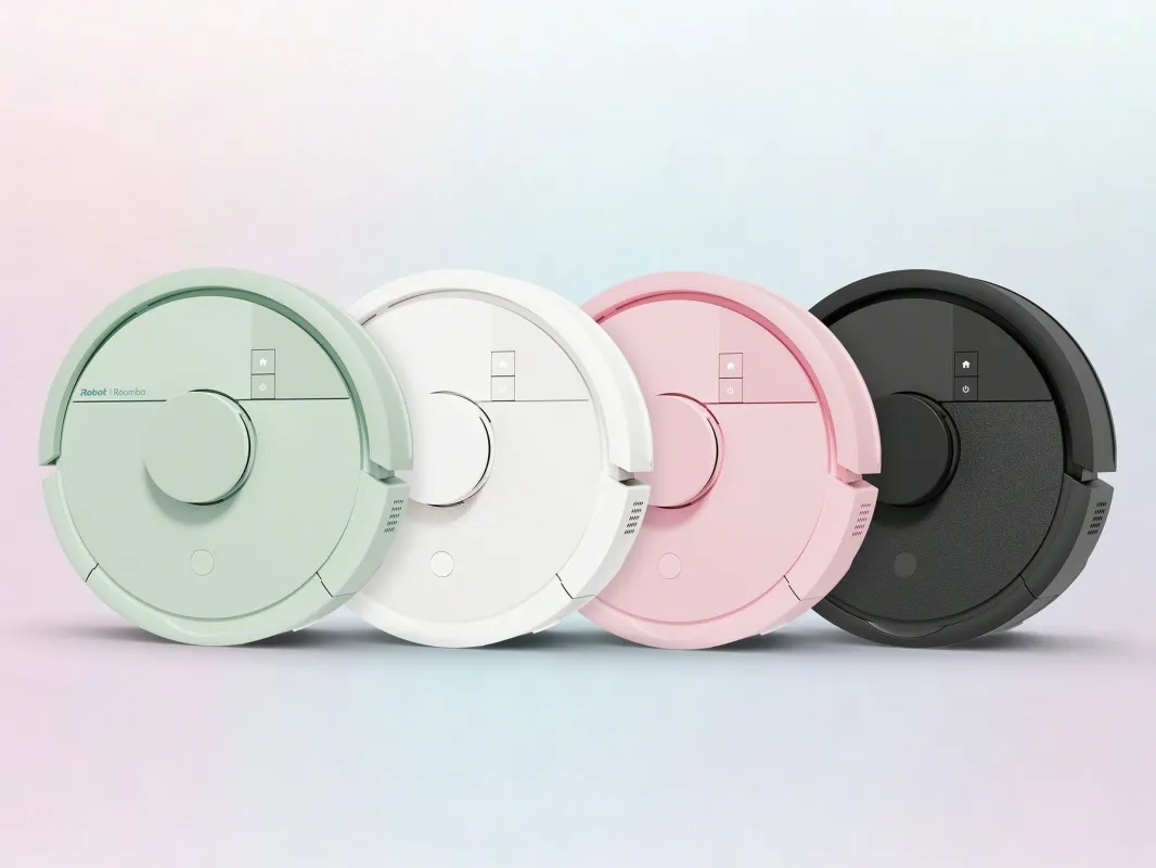 ミントグリーン、ホワイト、ピンク、ブラックの4色のロボット掃除機が並べられた画像