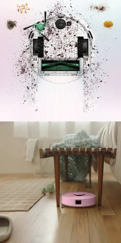 清掃中のロボット掃除機と、家具の下で稼働するピンク色のロボット掃除機