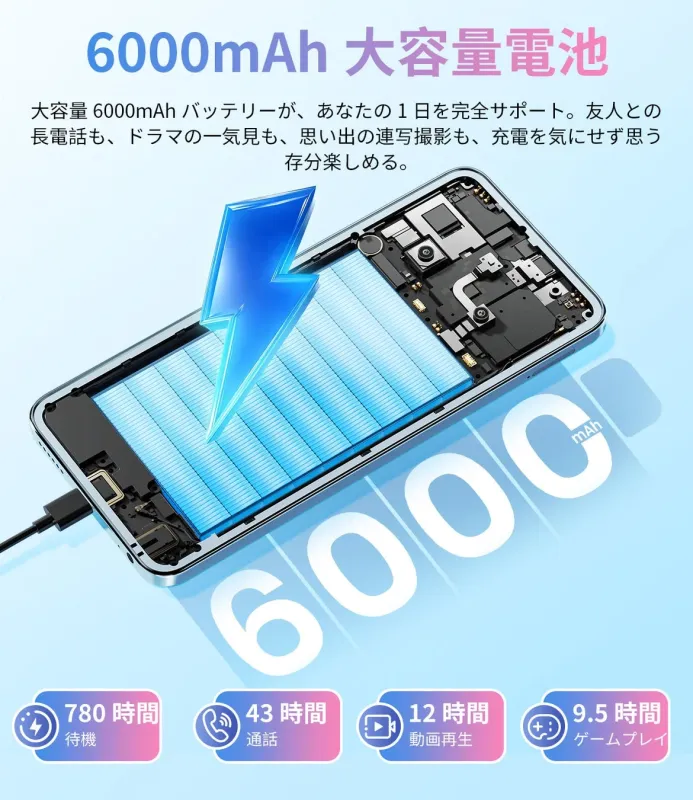 6000mAh 大容量バッテリー
