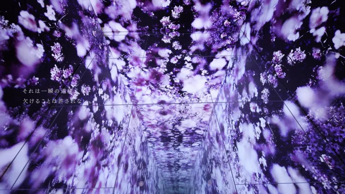 紫と白の花々がデジタルアートとして投影された、没入感のある空間
