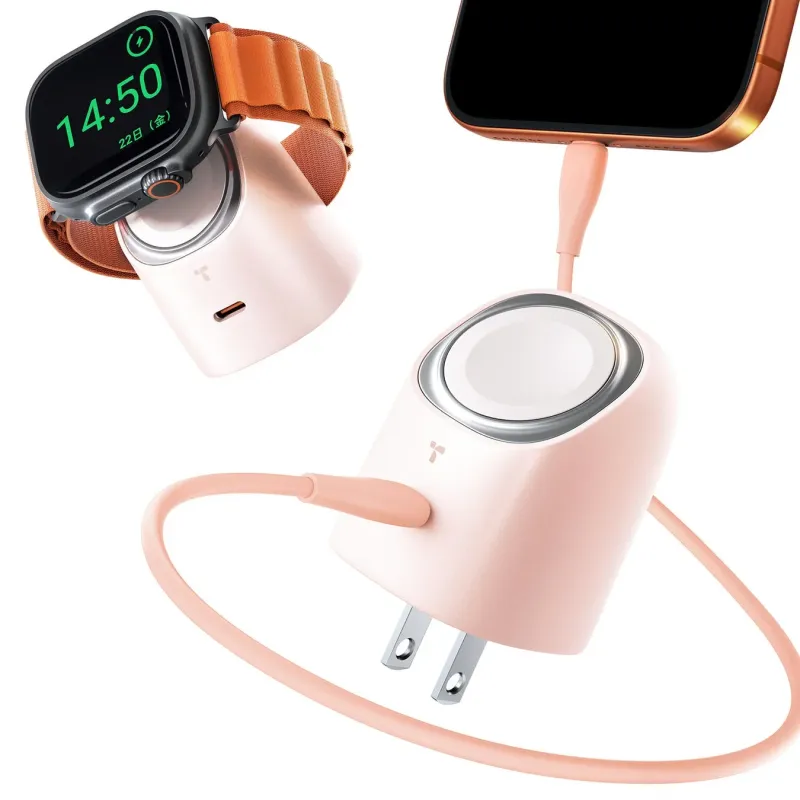ピンクのコンパクトな充電器が、Apple WatchとiPhoneを充電している様子
