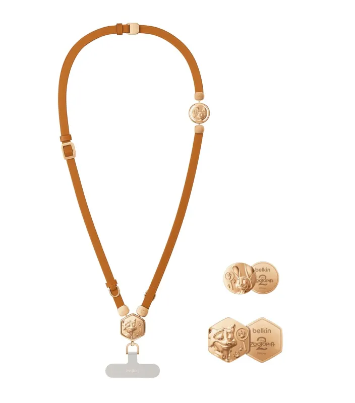 ズートピアのキャラクター、ジュディとニックのチャームが付いたBelkin製スマホネックストラップ