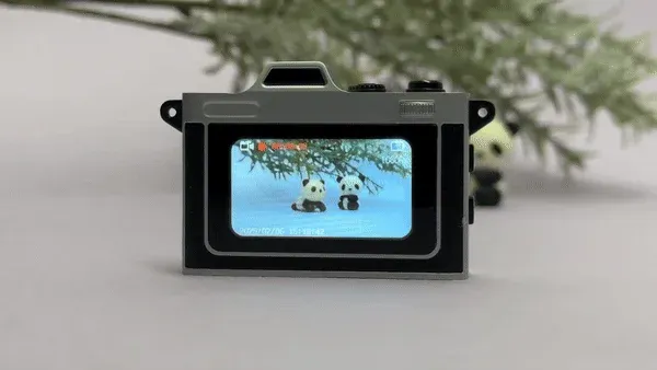 小型デジタルカメラの画面にパンダの置物が映し出されている