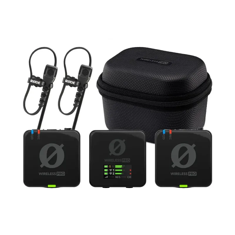 RØDE Wireless PROシステム一式。2つのラベリアマイク、2つの送信機、1つの受信機、専用ケース。