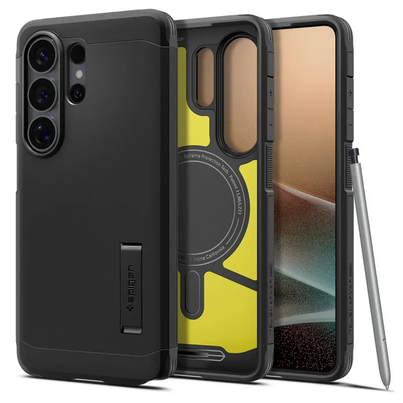 黒色のSpigen Tough Armorスマートフォンケースが複数の角度から写されています。ケースにはキックスタンドが付いており、頑丈な保護性能が強調されています。