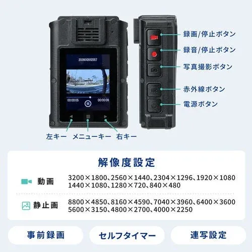 ボディカメラの操作ボタンと解像度設定