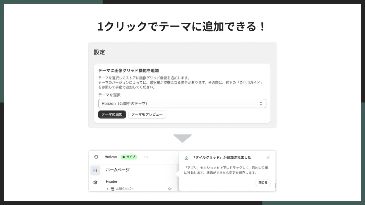 ウェブサイトの管理画面で、1クリックでテーマに機能を追加できる様子を示しています。テーマ選択、機能追加ボタン、および「タイルグリッド」追加後の通知と配置指示が表示されています。