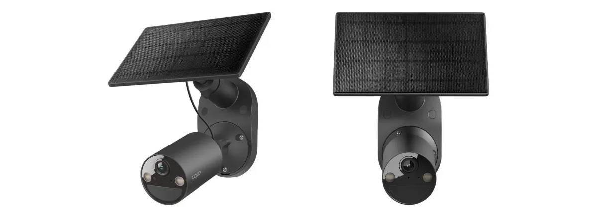 ソーラーパネルが一体となった黒い屋外用防犯カメラ