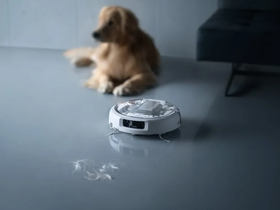 白いロボット掃除機が床にあり、その前方には犬の毛らしきものが散らばっています。背景にはぼやけたゴールデンレトリバーが横たわっており、ペットのいる家庭での掃除の必要性を示唆する一枚です。清潔感と日常の風景を感じさせます。