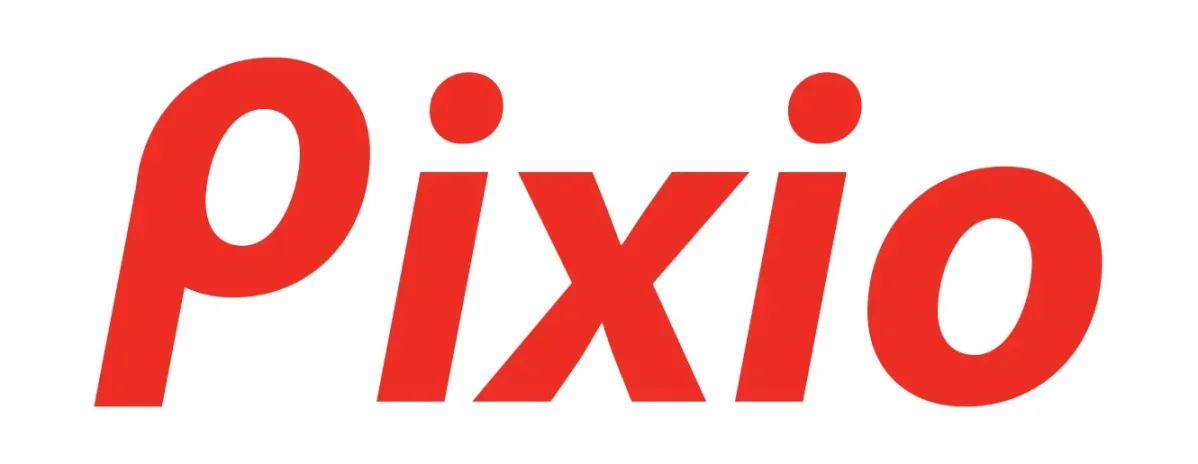 白い背景に赤色の「Pixio」というロゴが大きく表示されています。シンプルで視認性の高いデザインです。