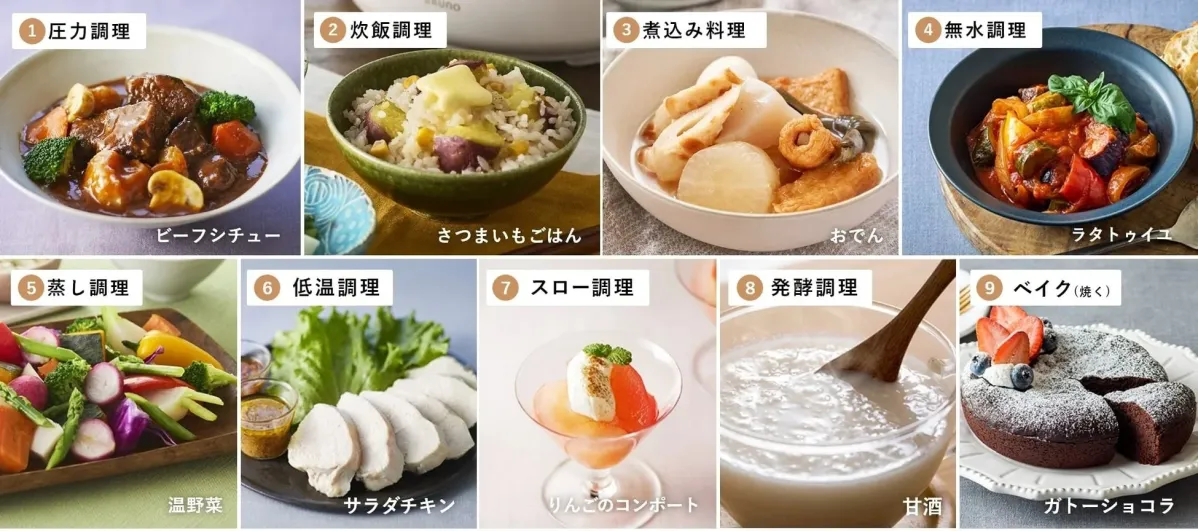 9種類の調理モードと料理例