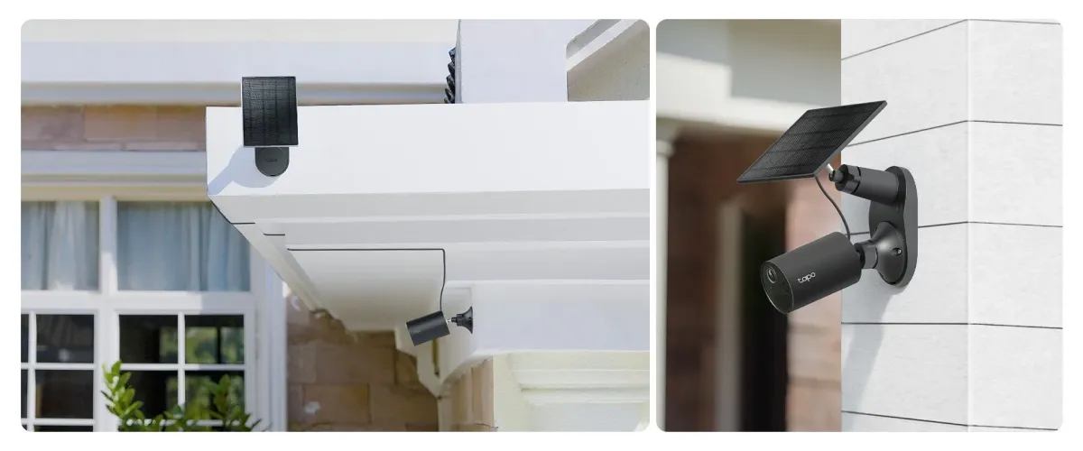 太陽光パネルで給電される黒い屋外用防犯カメラ