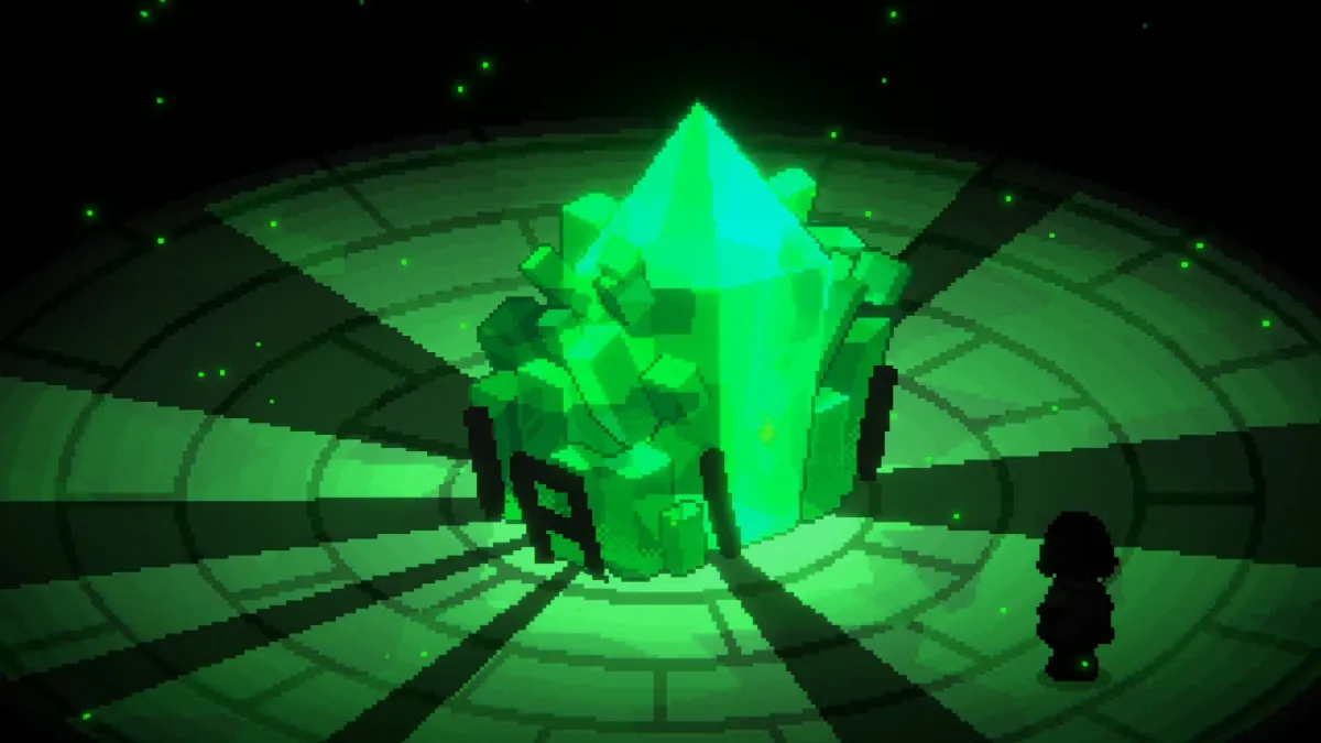 緑色に輝くクリスタルと人影のピクセルアート