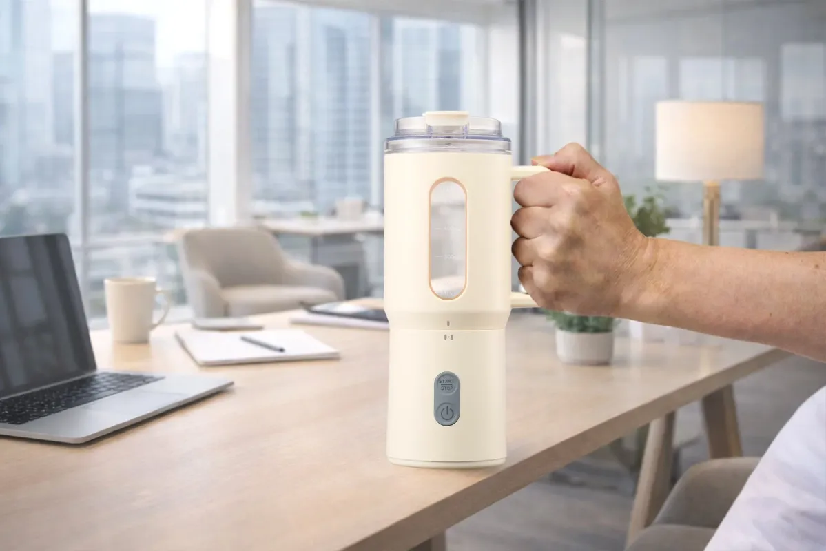 オフィスでミキサーを持つ様子