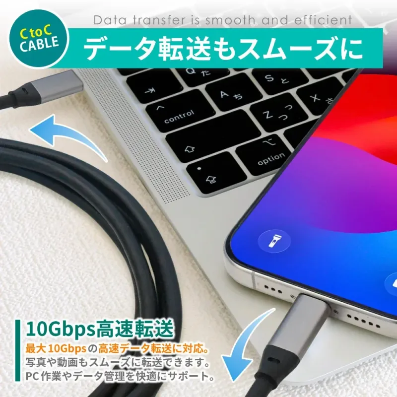 C to C CABLE Data transfer is smooth and efficient データ転送もスムーズに 10Gbps高速転送