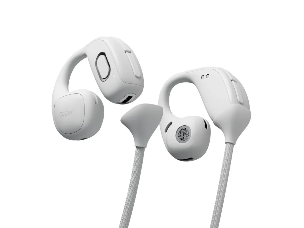 白いオープンイヤー型ワイヤレスイヤホンcocoe Ear