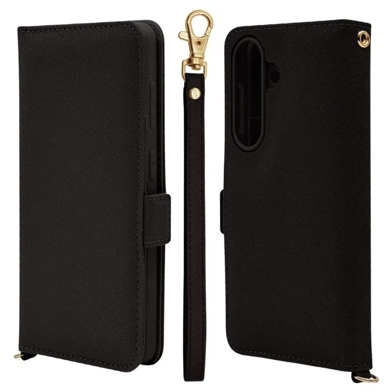 スマートフォンケース,手帳型ケース,スマホカバー,ブラック,リストストラップ,ゴールド金具,保護ケース,シンプル,フェイクレザー