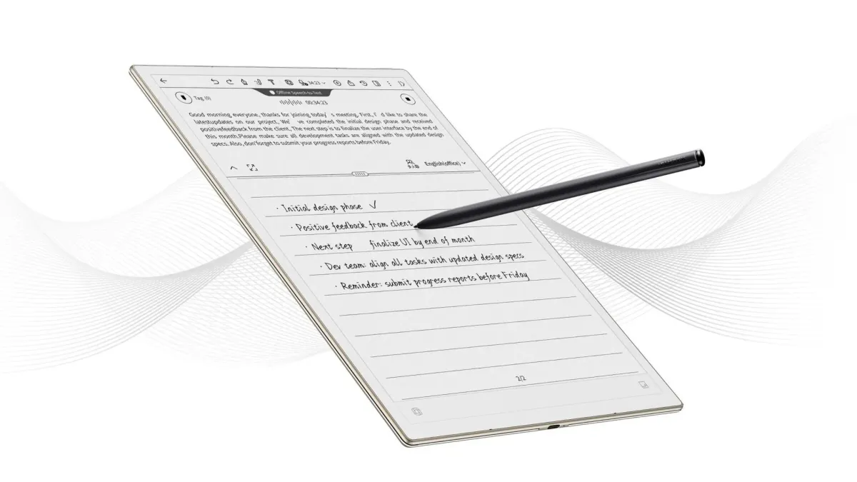 AINOTE 2の画面に表示された文字起こしと手書きメモ