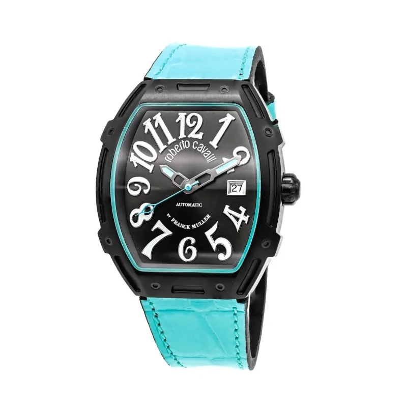 黒いトノー型ケースにターコイズブルーのレザーベルトが特徴的な、ロベルトカヴァリとフランクミュラーのコラボレーションによる自動巻き腕時計です。文字盤には大きなアラビア数字と日付表示があり、スタイリッシュなデザインです。