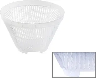 白いプラスチック製の円錐形バスケットです。全体に多数の穴が開いており、底面には安定させるための突起が見られます。通気性や排水性を必要とする用途、例えば園芸やキッチンなどで使用される器具と考えられます。