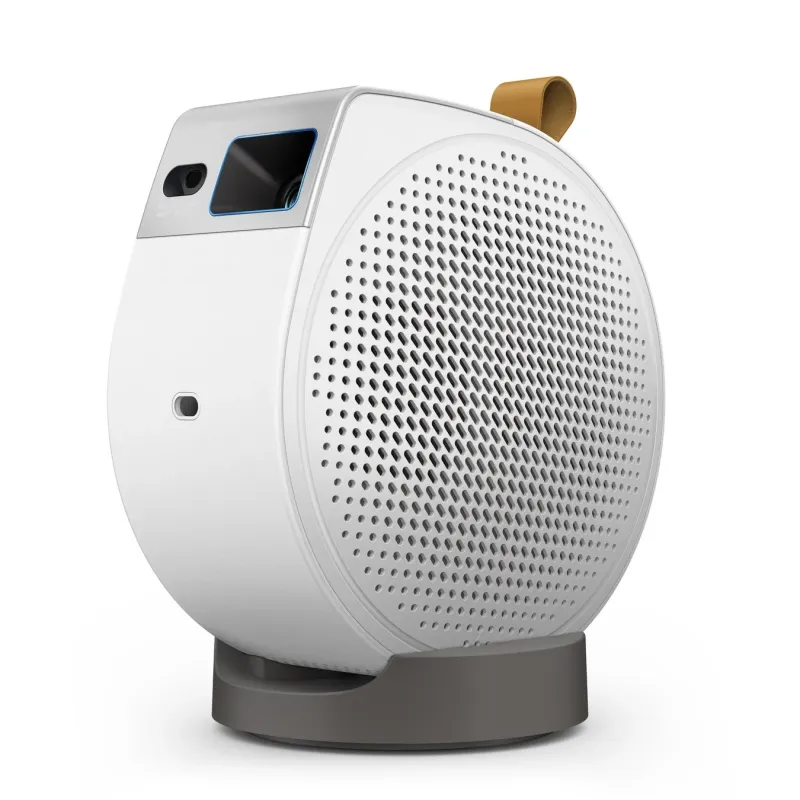 白い円形のデバイスで、プロジェクター機能とスピーカーグリルを持つポータブル家電です。
