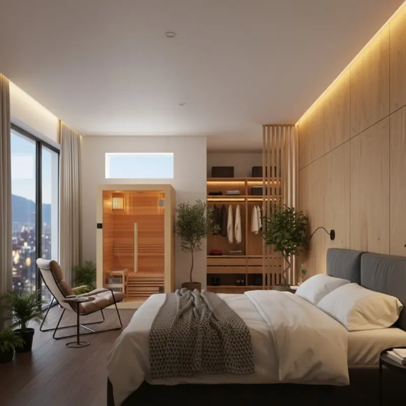 モダンな寝室にあるプライベートサウナ