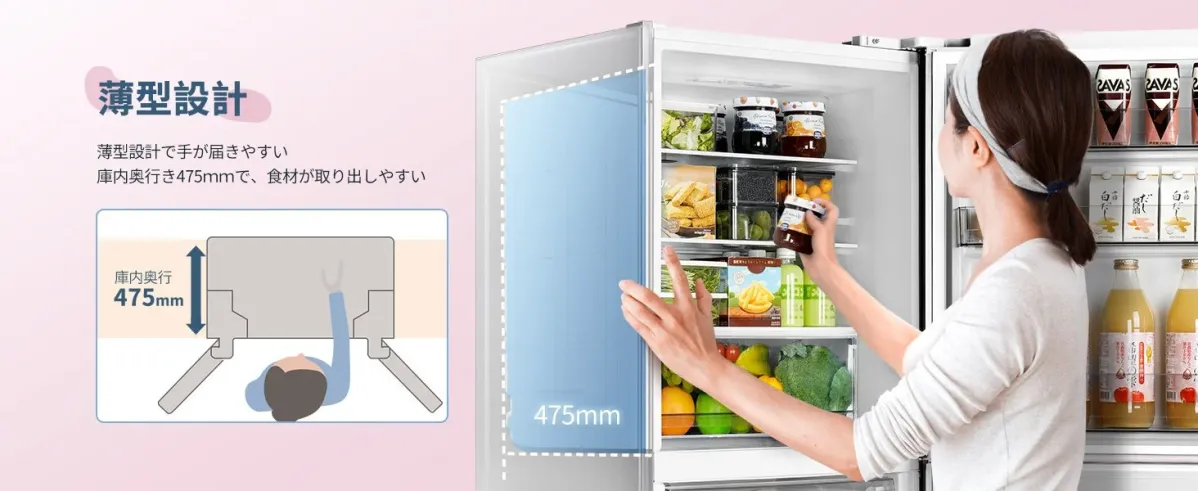 薄型設計なのに庫内はゆったり!奥行475mmで出し入れラクラク