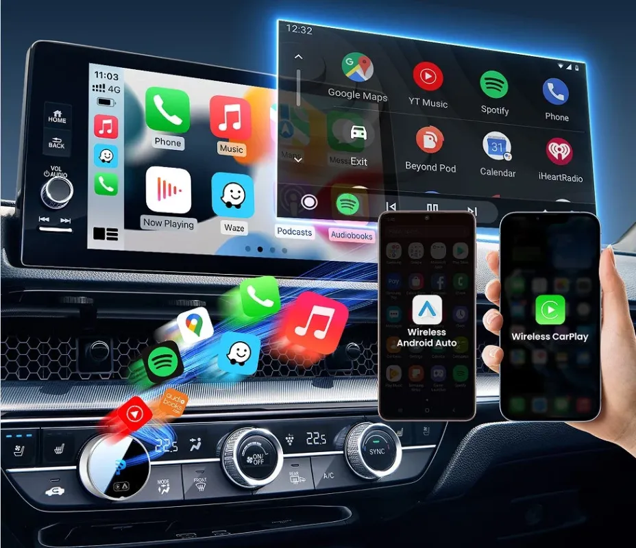 車載ディスプレイにApple CarPlayとAndroid Autoがワイヤレス接続されている様子