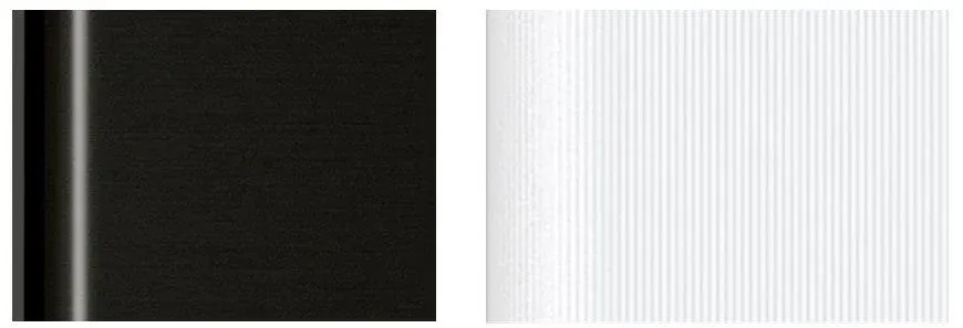 光沢のある黒い表面と縦縞模様の白い表面が並んだ抽象的なデザイン