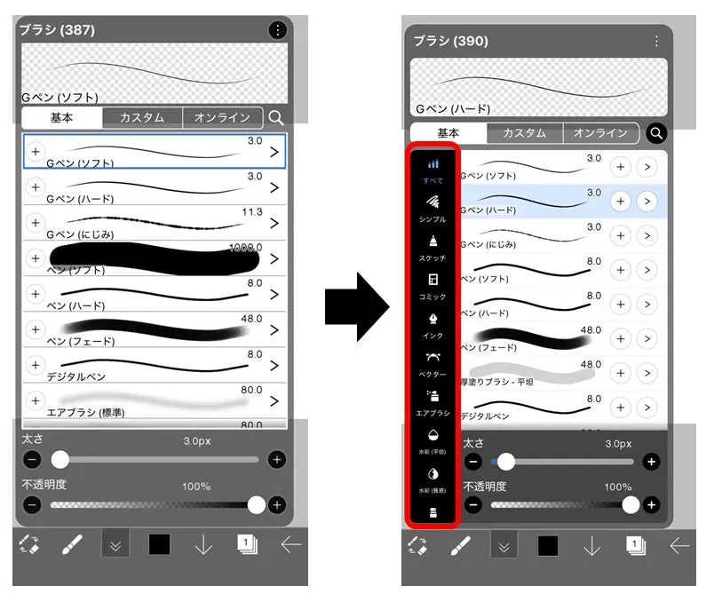 ブラシのカテゴリ分け