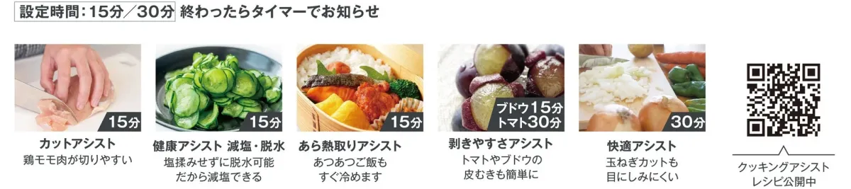 調理における様々なアシスト機能を紹介する画像