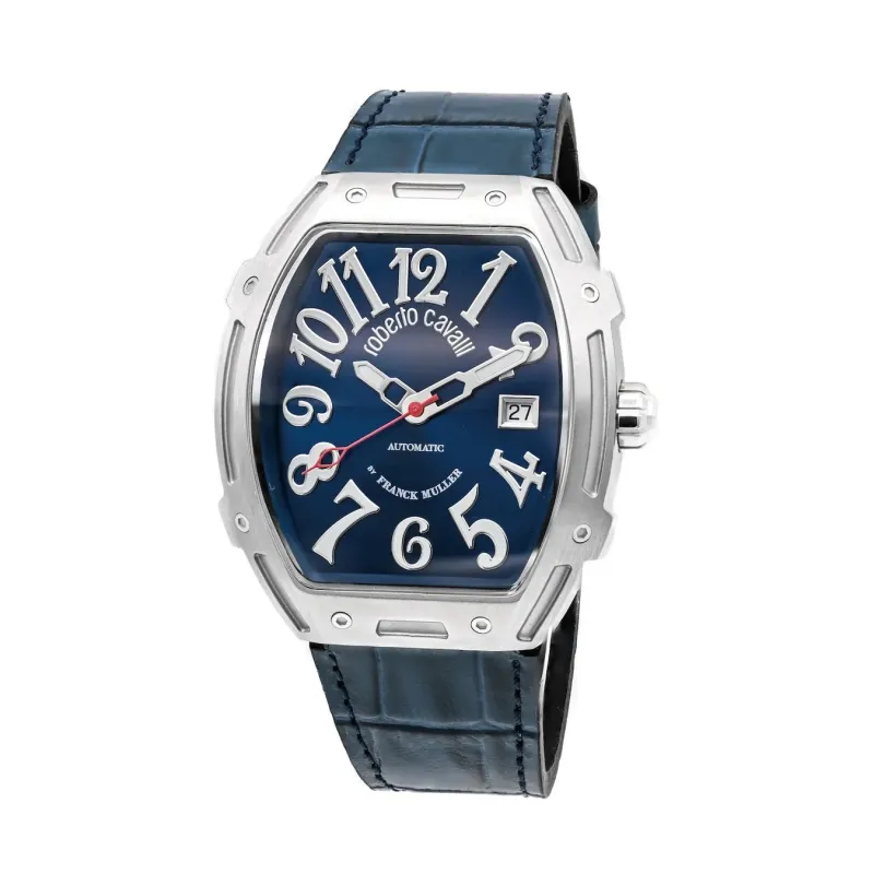 ロベルトカヴァリとフランクミュラーのコラボレーションによる自動巻き腕時計。トノー型シルバーケースに深い青色の文字盤、大きなアラビア数字、日付表示(27)が特徴です。ブルーのクロコ型押しレザーストラップが付属し、高級感のあるデザインです。