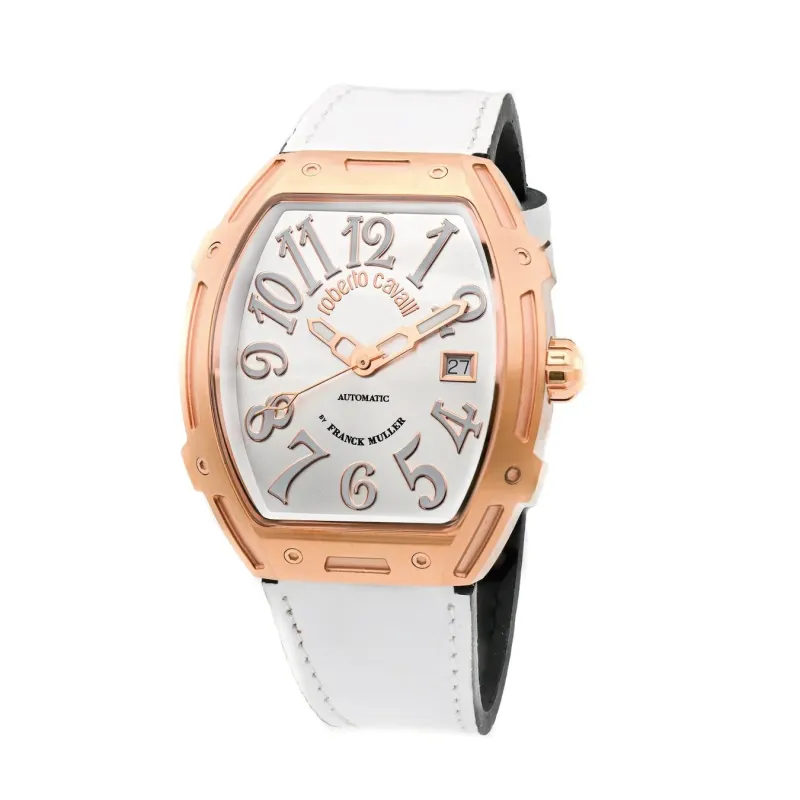 白い革ベルトとローズゴールドのケースが特徴的な高級腕時計です。文字盤にはロベルトカヴァリとフランクミュラーのブランド名、日付表示が配置されており、洗練されたデザインが魅力です。