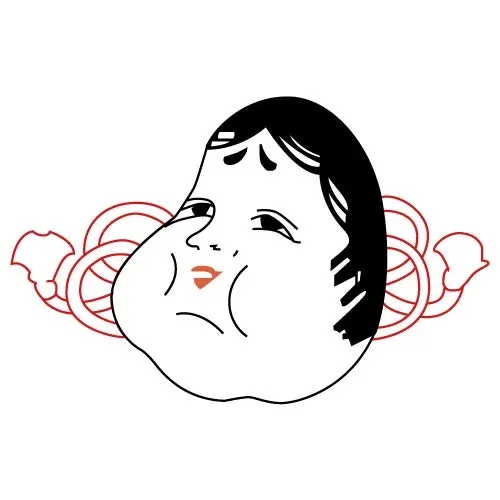 日本の伝統的なお多福（おかめ）の顔が描かれたイラストです。ふっくらとした顔立ちに黒い髪、赤い唇が特徴的で、背景には赤い伝統的な模様が配置されています。福々しい表情が縁起の良さを感じさせます。