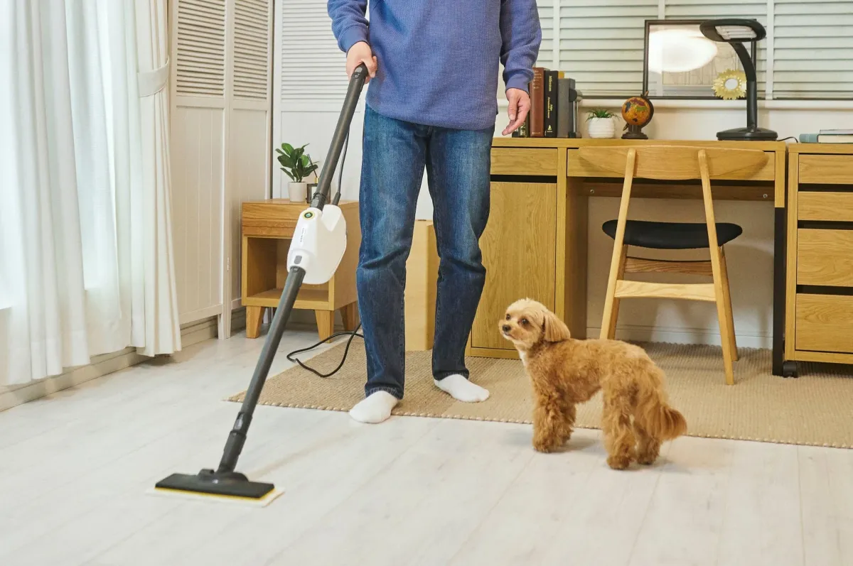 リビングでスチームモップで掃除する男性と犬