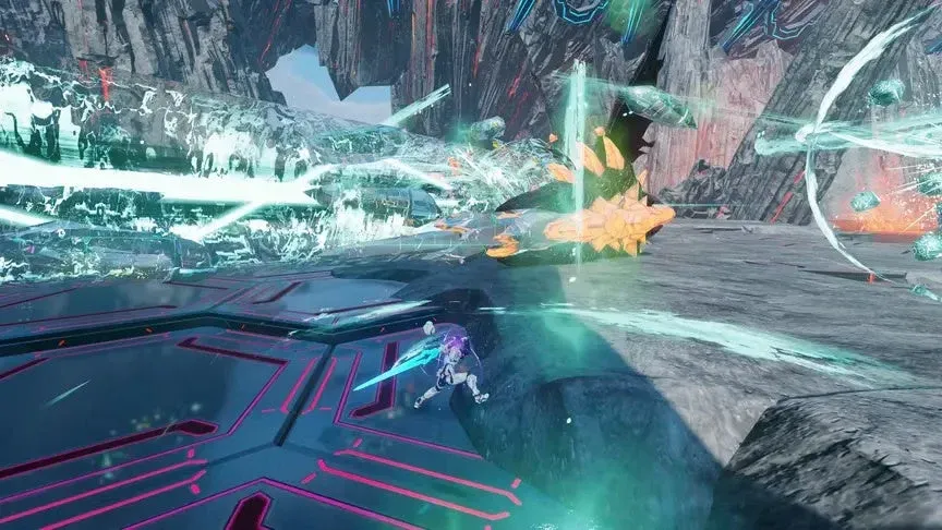 剣を構えたキャラクターが巨大なエネルギー攻撃を受けている戦闘シーン