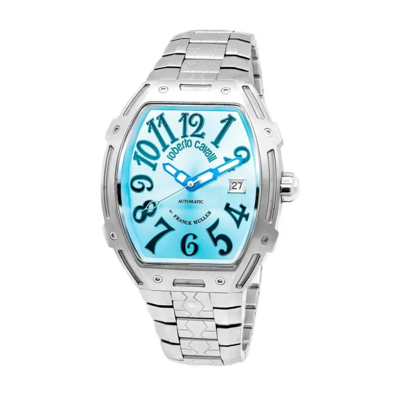 ロベルトカヴァリとフランクミュラーのコラボレーションによる、シルバーカラーの自動巻き腕時計です。鮮やかなブルーの文字盤に大きなアラビア数字が特徴で、日付表示も備えています。