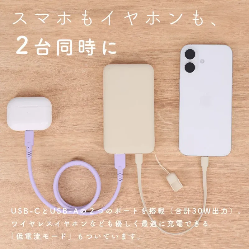 スマホもイヤホンも、2台同時にUSB-CとUSB-Aの2つのポートを搭載（合計30W出力）。ワイヤレスイヤホンなども優しく最適に充電できる「低電流モード」もついています。