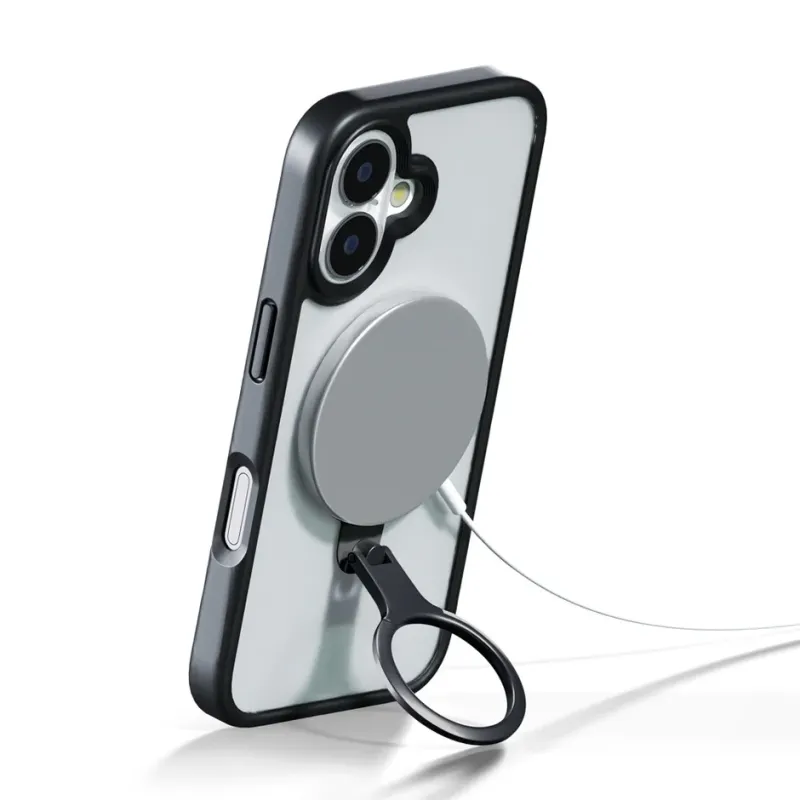 MagSafe充電中のスマートフォンとリングホルダー(ブラック)