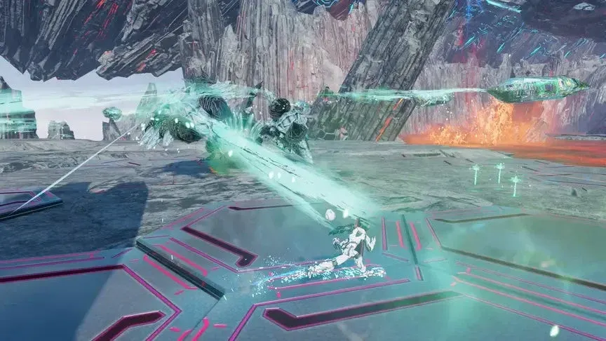 巨大な敵からのエネルギー攻撃を回避するプレイヤーキャラクター