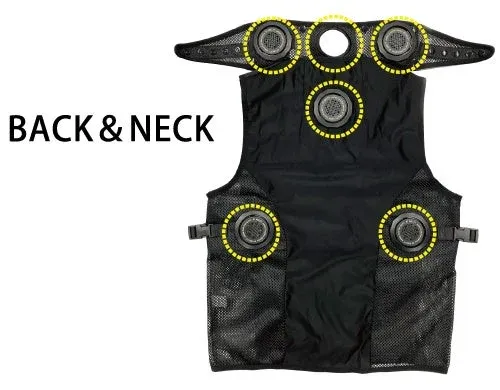 背中と首の部分に複数のファンが取り付けられた黒いベストの画像です。熱中症対策や作業服として使用される冷却ベストと考えられます。
