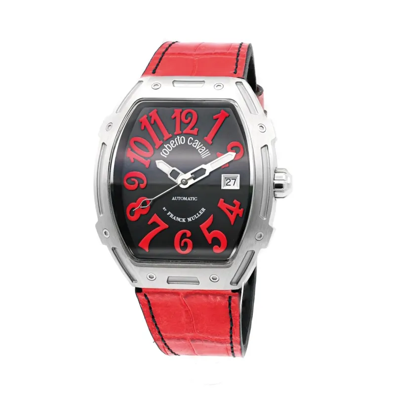 トノウ型のシルバーケースに赤いクロコダイル調のストラップが特徴的な、Roberto Cavalli by FRANCK MULLERの自動巻き腕時計です。黒い文字盤には大胆な赤いアラビア数字と3時位置に日付「27」が表示されています。