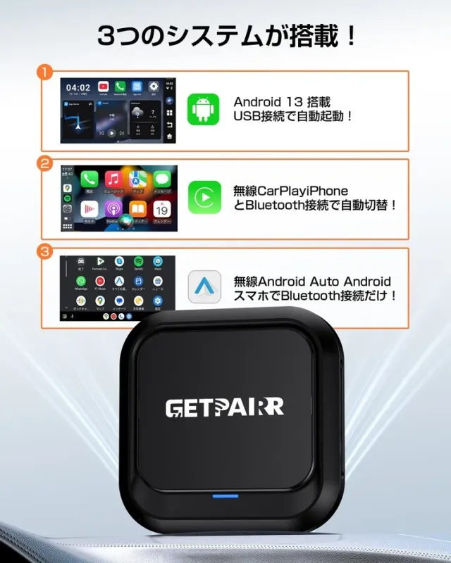 「GETPAiRR」という車載デバイスが、Android 13、無線CarPlay、無線Android Autoの3つのシステムを搭載していることを紹介。