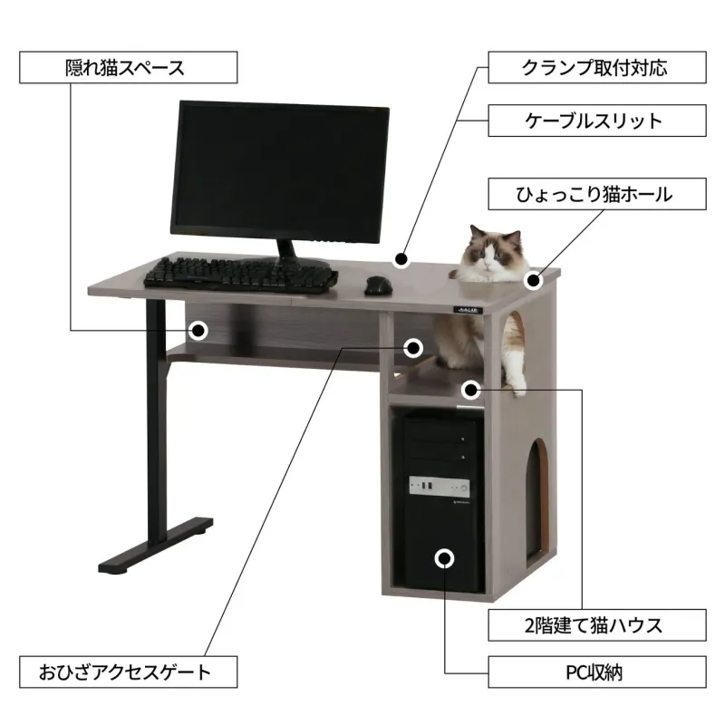 猫用の隠れ家や遊び場が一体となった多機能なパソコンデスクの製品画像