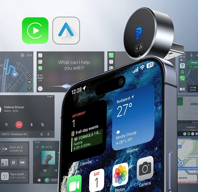 ワイヤレスUSBアダプターを介して、iPhoneとApple CarPlay/Android Auto対応の車載ディスプレイが連携する様子