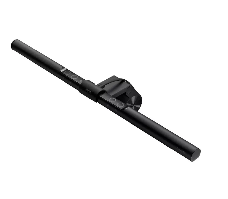 白い背景に黒色のBenQ ScreenBarモニターライトバーが斜めに配置されています。