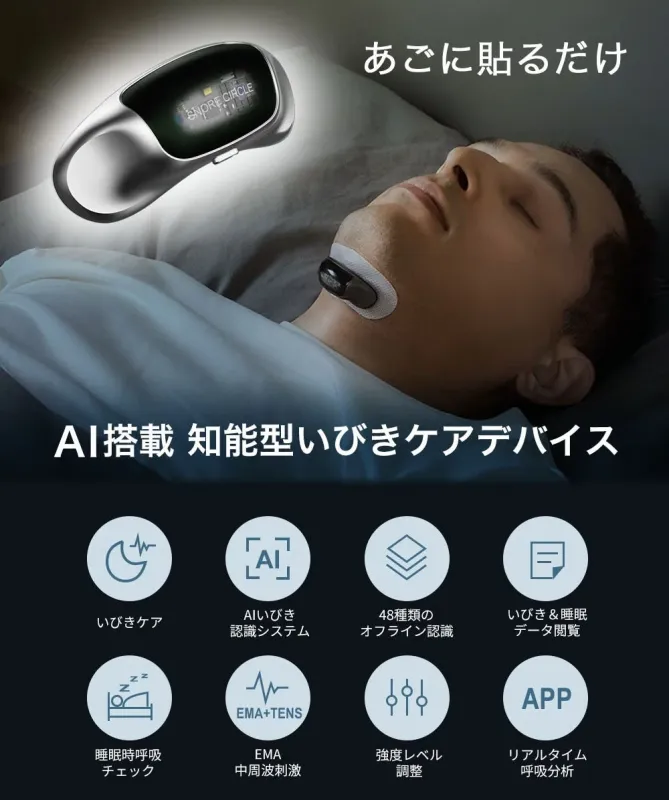 あごに貼るだけ SNORE CIRCLE AI搭載 知能型いびきケアデバイス いびきケア AIいびき認識システム 48種類のオフライン認識 いびき & 睡眠データ閲覧 睡眠時呼吸チェック EMA+TENS EMA 中周波刺激 強度レベル調整 APP リアルタイム呼吸分析