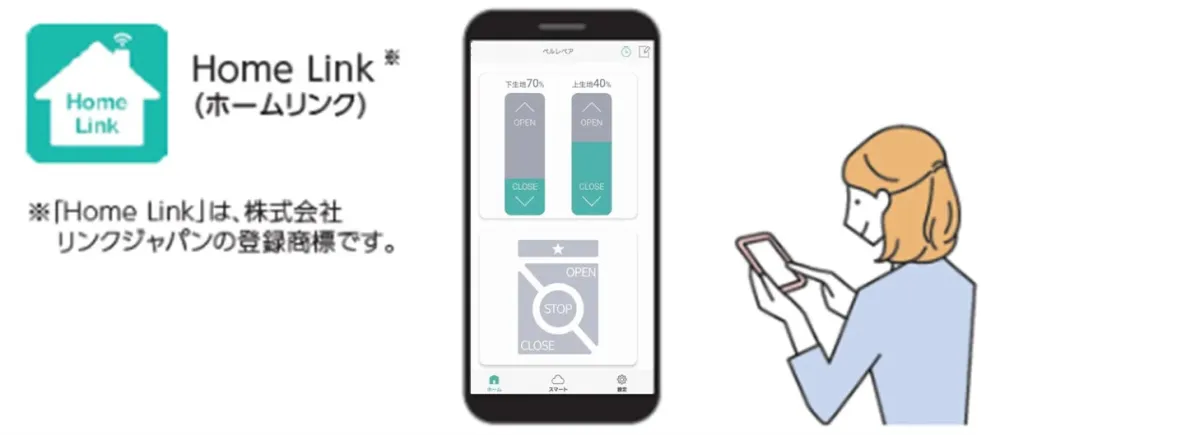 Home Linkアプリ画面とスマホを操作する女性のイラスト